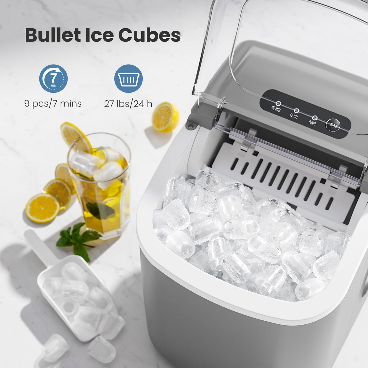 Countertop Ice Maker Machine with Handle, 9 Bullet-Shaped Ice Cubes Ready in 6 Mins, 26Lbs/24H, Self-Cleaning Function with Ice Scoop and Basket for Home/Kitchen/Party (Grey)