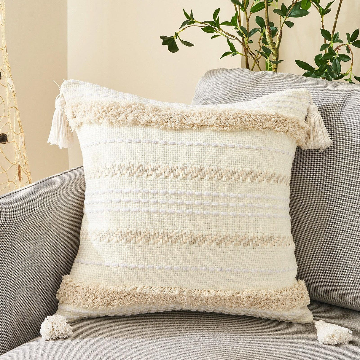Cushion Cover Cotton Linen Pillowcase Tufted Beige Decorative Fashionable Cotton Hand-Woven Throw Pillow Covers Tufted Pillow Covers Bedroom Throw Pillow Cushion For Bed Home
