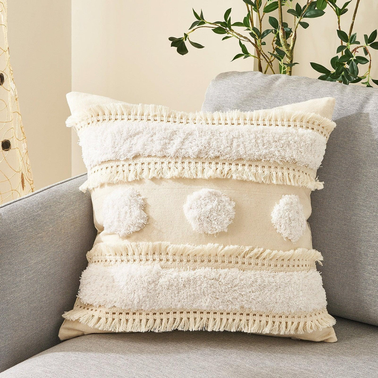 Cushion Cover Cotton Linen Pillowcase Tufted Beige Decorative Fashionable Cotton Hand-Woven Throw Pillow Covers Tufted Pillow Covers Bedroom Throw Pillow Cushion For Bed Home