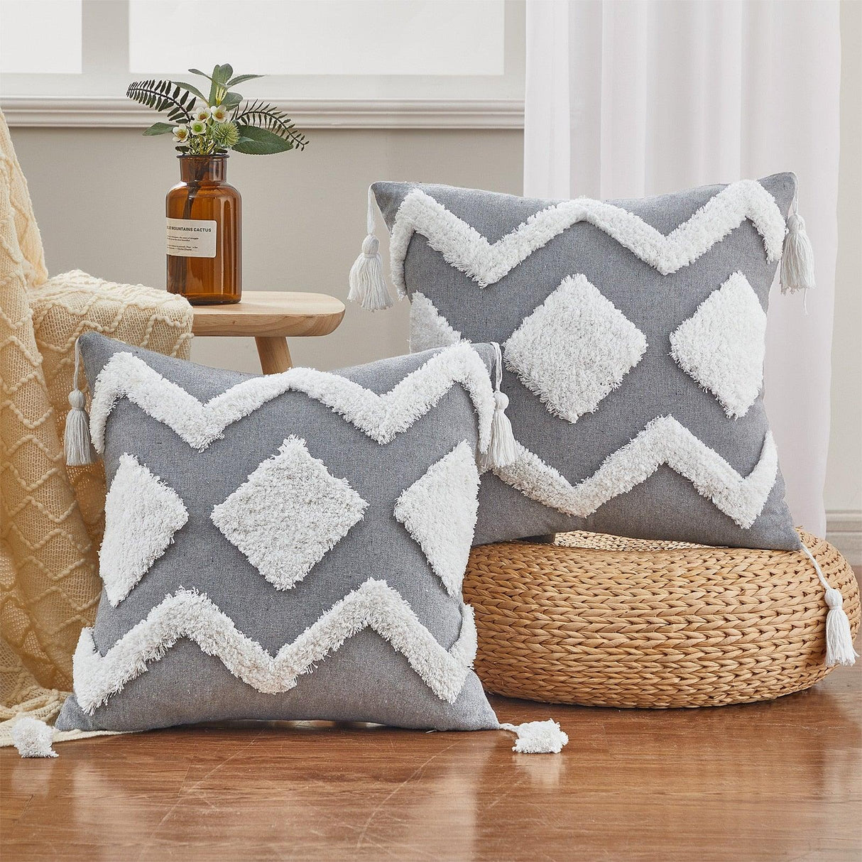 Cushion Cover Cotton Linen Pillowcase Tufted Beige Decorative Fashionable Cotton Hand-Woven Throw Pillow Covers Tufted Pillow Covers Bedroom Throw Pillow Cushion For Bed Home