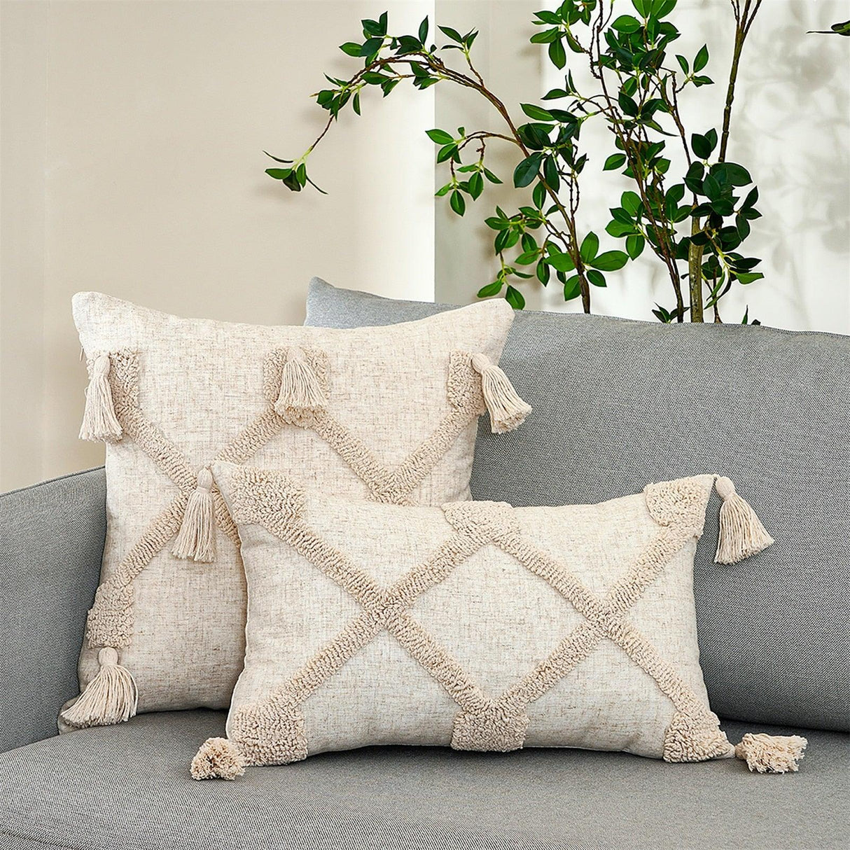 Cushion Cover Cotton Linen Pillowcase Tufted Beige Decorative Fashionable Cotton Hand-Woven Throw Pillow Covers Tufted Pillow Covers Bedroom Throw Pillow Cushion For Bed Home