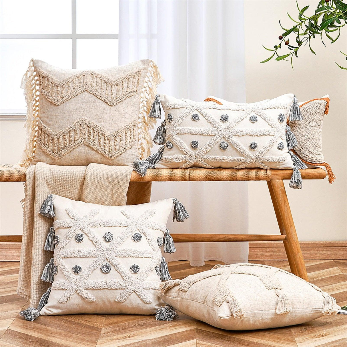 Cushion Cover Cotton Linen Pillowcase Tufted Beige Decorative Fashionable Cotton Hand-Woven Throw Pillow Covers Tufted Pillow Covers Bedroom Throw Pillow Cushion For Bed Home