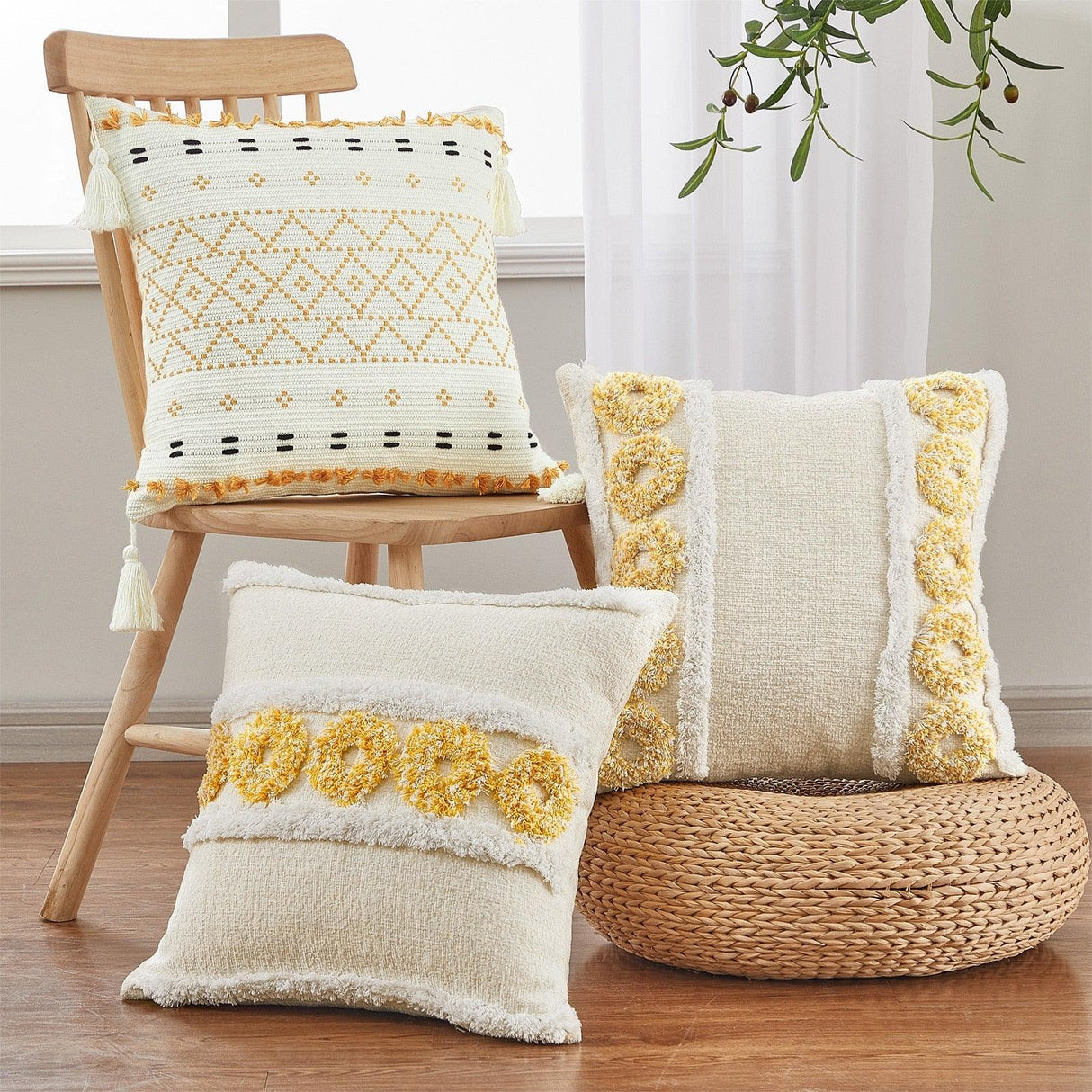 Cushion Cover Cotton Linen Pillowcase Tufted Beige Decorative Fashionable Cotton Hand-Woven Throw Pillow Covers Tufted Pillow Covers Bedroom Throw Pillow Cushion For Bed Home