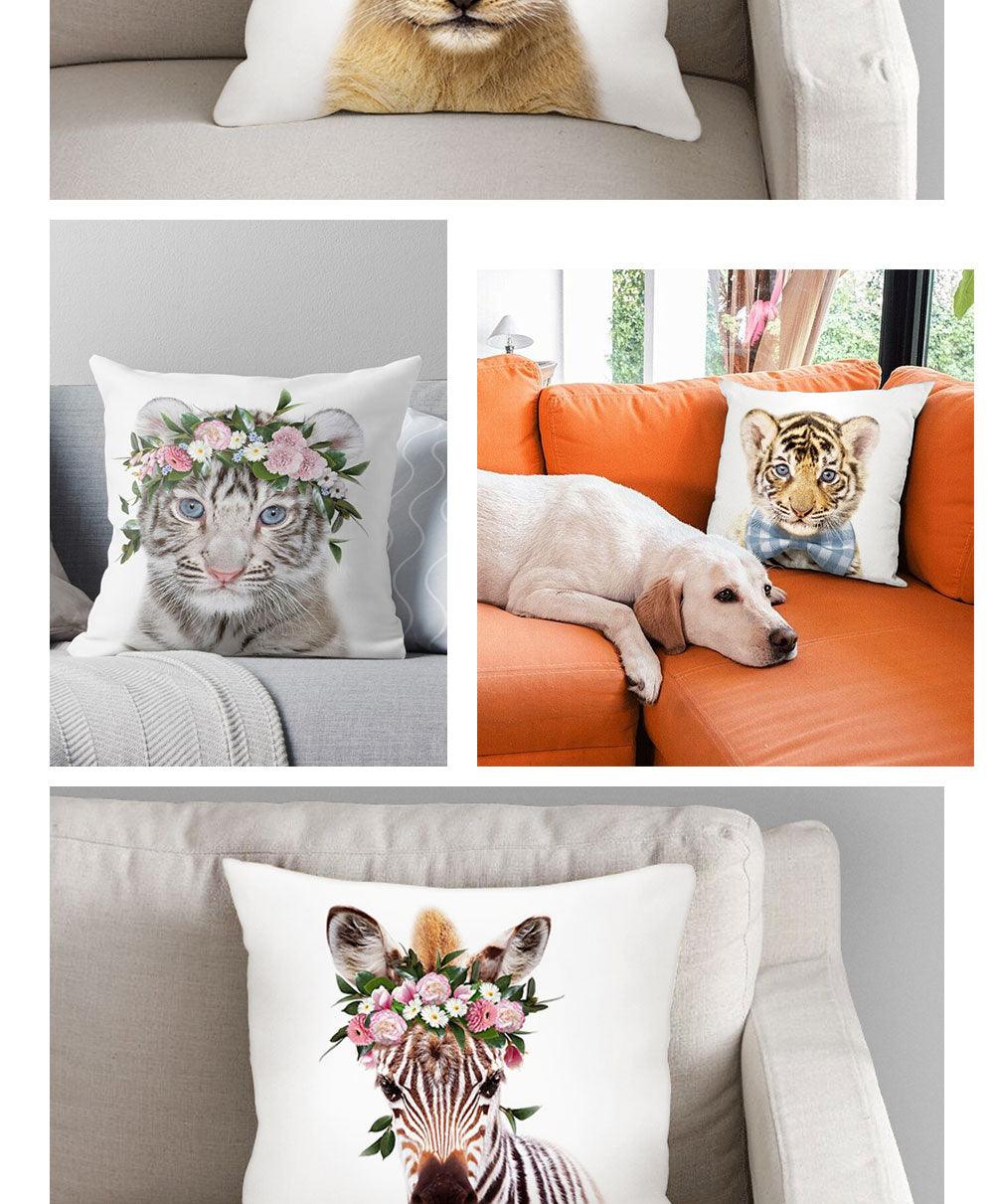 Cute Baby Animals Pattern Pillow Case Cotton Linen Cushion Cover for Home Sofa Pillow Covers, Cushion Covers Tiger Bunny Rabbit Horse Sheep Bear With Head Flowers Decorative Velvet Pillow Covers 45X45CM
