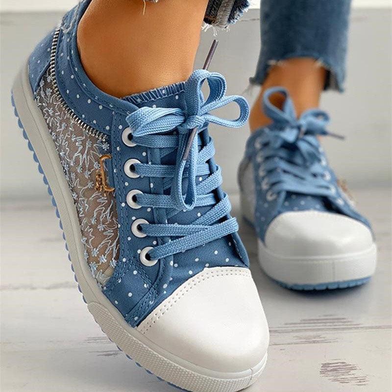 Cute Blue Women Fashion Shoes Summer Casual Design Lace Breathable Platform Flat Woman Sneakers Walking Lace-up Comfortable Walking Footwear Fashion Sneakers