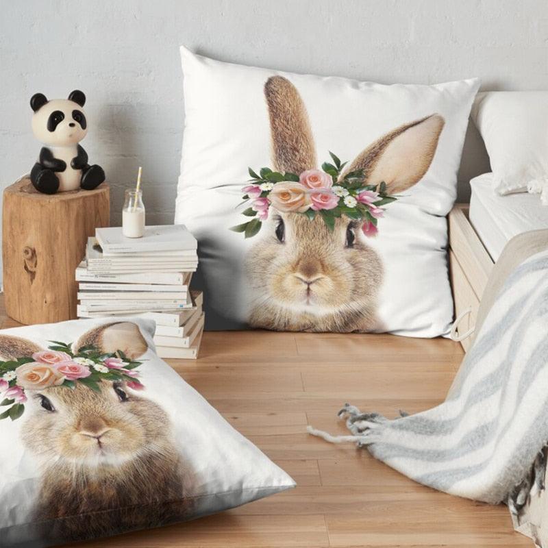 Cute Decorative Pillow Case Cover Grey Rabbit Isolated On A White Background Bunny Tail Back Soft Linen Pillow Case For Decorative Bedroom Case Cushion Covers Home Throw Pillows Flower Pillow Case Rabbit Sofa Animal Cushion Cover 45X45CM