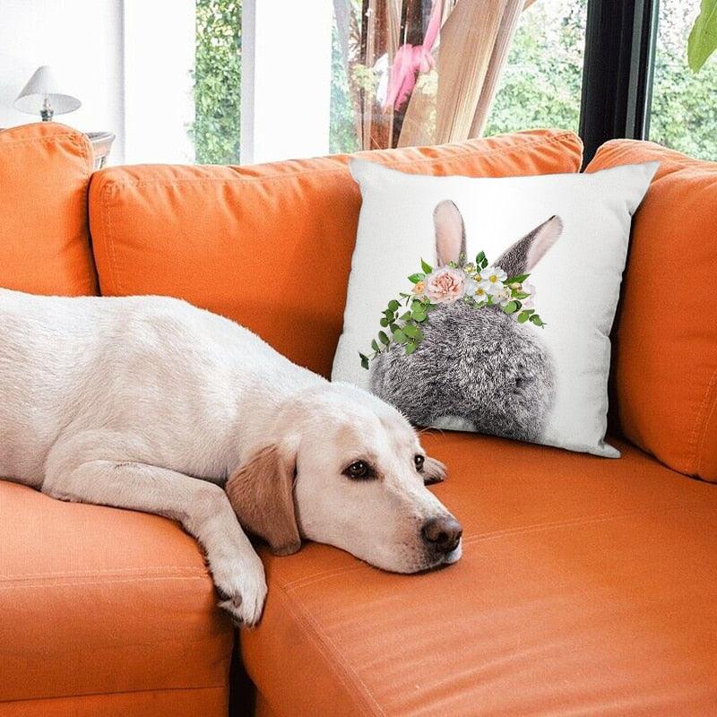 Cute Decorative Pillow Case Cover Grey Rabbit Isolated On A White Background Bunny Tail Back Soft Linen Pillow Case For Decorative Bedroom Case Cushion Covers Home Throw Pillows Flower Pillow Case Rabbit Sofa Animal Cushion Cover 45X45CM