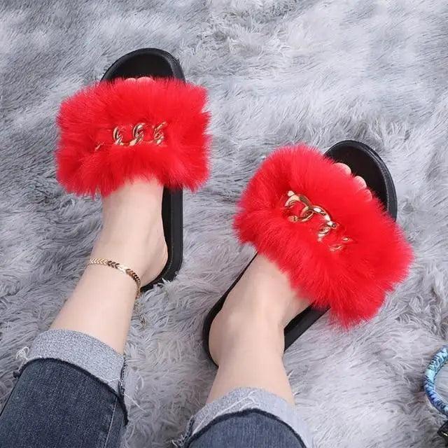 Cute Fluffy Ladies Indoor Warm Slippers Furry Luxury Flip Flops Women's Fashion Flat Soft Flip Flops