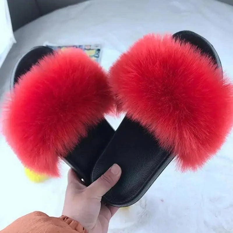 Cute Fluffy Ladies Indoor Warm Slippers Furry Luxury Flip Flops Women's Fashion Flat Soft Flip Flops