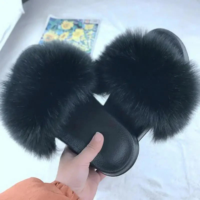 Cute Fluffy Ladies Indoor Warm Slippers Furry Luxury Flip Flops Women's Fashion Flat Soft Flip Flops