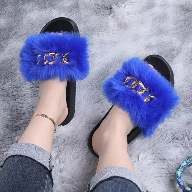 Cute Fluffy Ladies Indoor Warm Slippers Furry Luxury Flip Flops Women's Fashion Flat Soft Flip Flops