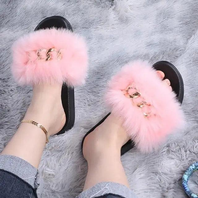 Cute Fluffy Ladies Indoor Warm Slippers Furry Luxury Flip Flops Women's Fashion Flat Soft Flip Flops