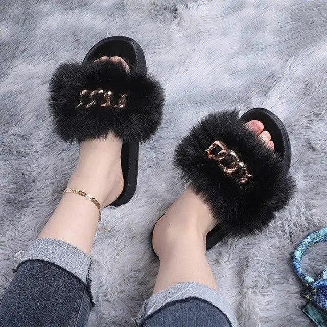 Cute Fluffy Ladies Indoor Warm Slippers Furry Luxury Flip Flops Women's Fashion Flat Soft Flip Flops
