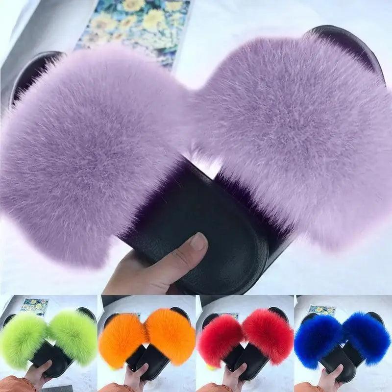 Cute Fluffy Ladies Indoor Warm Slippers Furry Luxury Flip Flops Women's Fashion Flat Soft Flip Flops