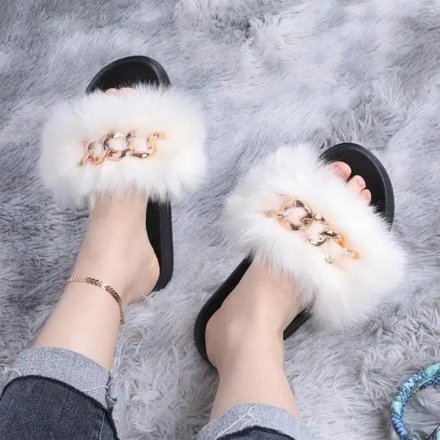 Cute Fluffy Ladies Indoor Warm Slippers Furry Luxury Flip Flops Women's Fashion Flat Soft Flip Flops