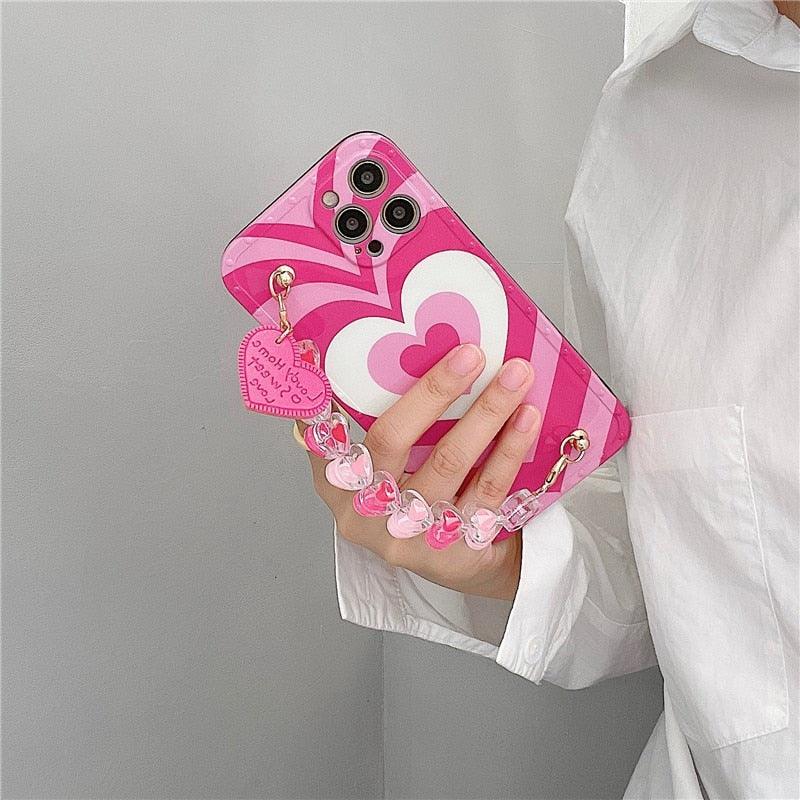 Cute Heart Chain Cute Case Luxury 3D Love Heart Wristband Girl Soft Case For iPhone 14 13 11 12 Pro Max 7 8 Plus Xr X Xs Silicone Phone Cover Cute Case Luxury Hearts Case Camera Cover Protective Soft Slim Girly Case Designed for iPhone
