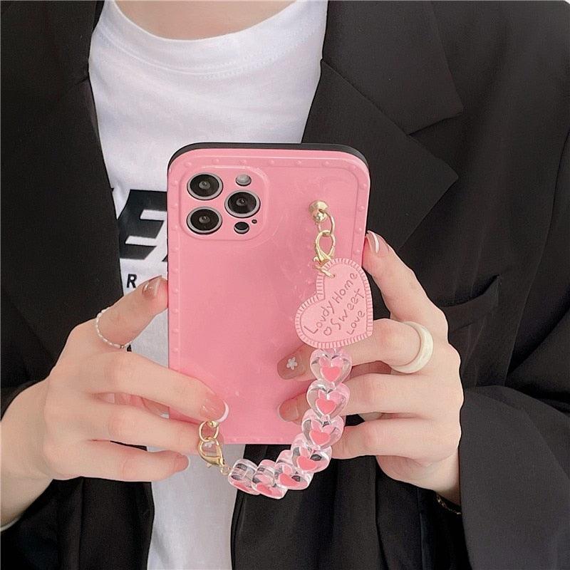 Cute Heart Chain Cute Case Luxury 3D Love Heart Wristband Girl Soft Case For iPhone 14 13 11 12 Pro Max 7 8 Plus Xr X Xs Silicone Phone Cover Cute Case Luxury Hearts Case Camera Cover Protective Soft Slim Girly Case Designed for iPhone