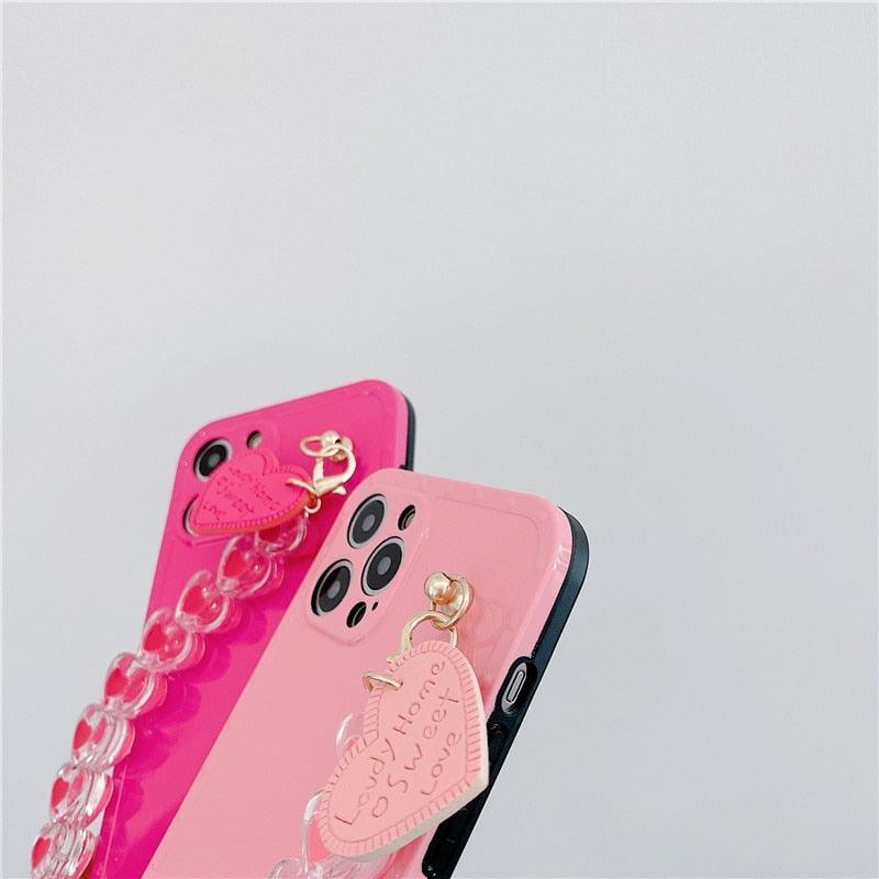 Cute Heart Chain Cute Case Luxury 3D Love Heart Wristband Girl Soft Case For iPhone 14 13 11 12 Pro Max 7 8 Plus Xr X Xs Silicone Phone Cover Cute Case Luxury Hearts Case Camera Cover Protective Soft Slim Girly Case Designed for iPhone