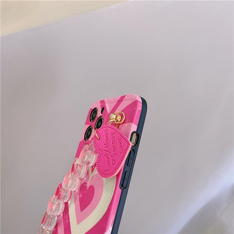 Cute Heart Chain Cute Case Luxury 3D Love Heart Wristband Girl Soft Case For iPhone 14 13 11 12 Pro Max 7 8 Plus Xr X Xs Silicone Phone Cover Cute Case Luxury Hearts Case Camera Cover Protective Soft Slim Girly Case Designed for iPhone