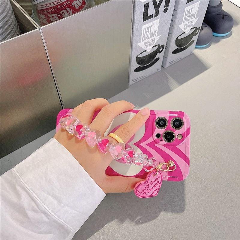 Cute Heart Chain Cute Case Luxury 3D Love Heart Wristband Girl Soft Case For iPhone 14 13 11 12 Pro Max 7 8 Plus Xr X Xs Silicone Phone Cover Cute Case Luxury Hearts Case Camera Cover Protective Soft Slim Girly Case Designed for iPhone