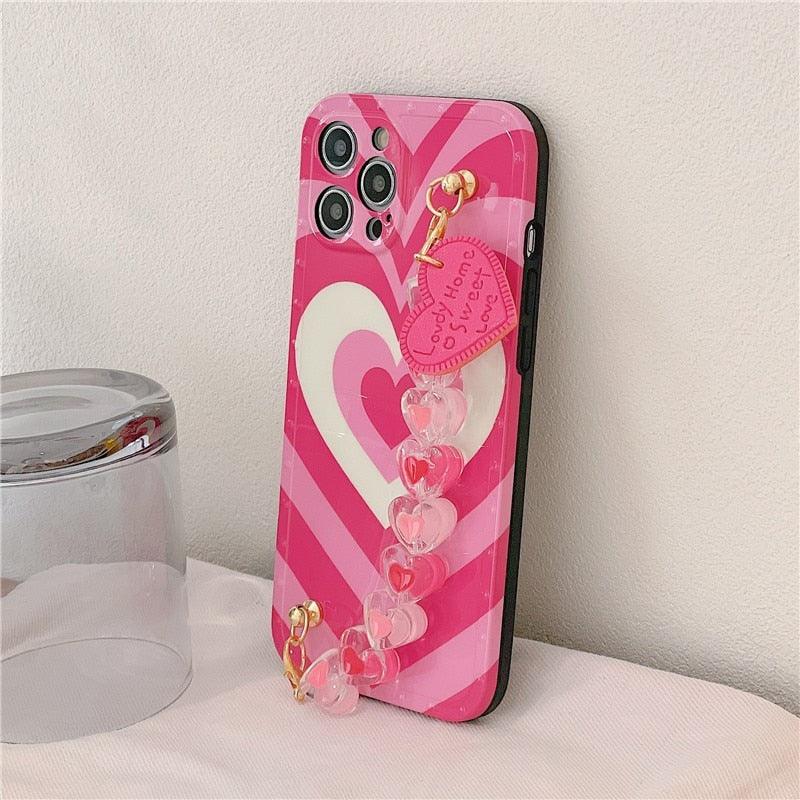 Cute Heart Chain Cute Case Luxury 3D Love Heart Wristband Girl Soft Case For iPhone 14 13 11 12 Pro Max 7 8 Plus Xr X Xs Silicone Phone Cover Cute Case Luxury Hearts Case Camera Cover Protective Soft Slim Girly Case Designed for iPhone