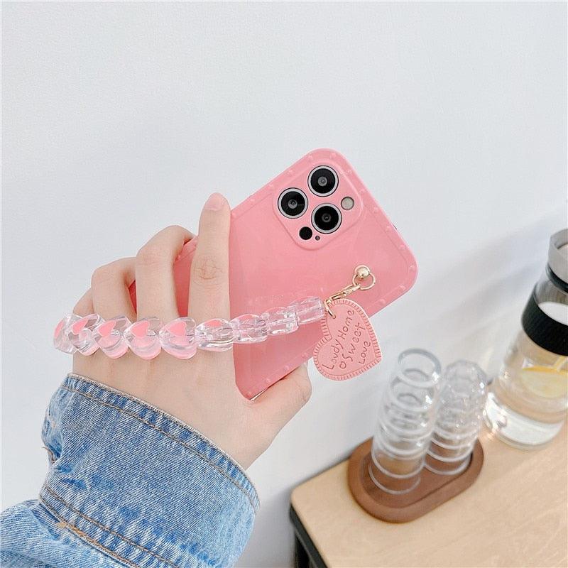 Cute Heart Chain Cute Case Luxury 3D Love Heart Wristband Girl Soft Case For iPhone 14 13 11 12 Pro Max 7 8 Plus Xr X Xs Silicone Phone Cover Cute Case Luxury Hearts Case Camera Cover Protective Soft Slim Girly Case Designed for iPhone
