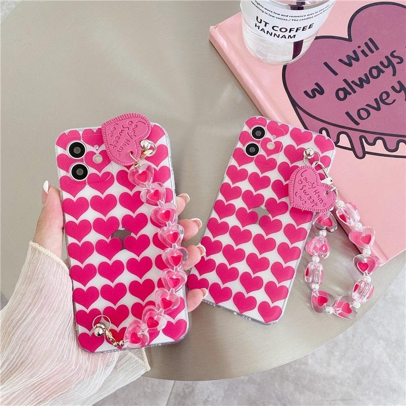 Cute Heart Chain Cute Case Luxury 3D Love Heart Wristband Girl Soft Case For iPhone 14 13 11 12 Pro Max 7 8 Plus Xr X Xs Silicone Phone Cover Cute Case Luxury Hearts Case Camera Cover Protective Soft Slim Girly Case Designed for iPhone