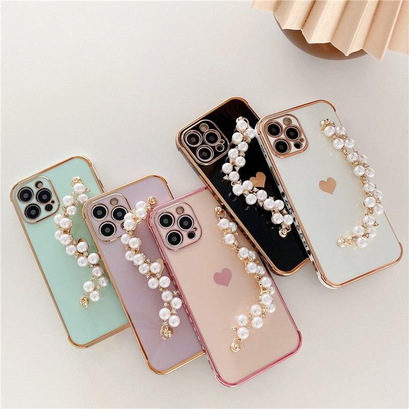 Cute Heart Chain Cute Case Luxury 3D Love Heart Wristband Girl Soft Case For iPhone 14 13 11 12 Pro Max 7 8 Plus Xr X Xs Silicone Phone Cover Cute Case Luxury Hearts Case Camera Cover Protective Soft Slim Girly Case Designed for iPhone