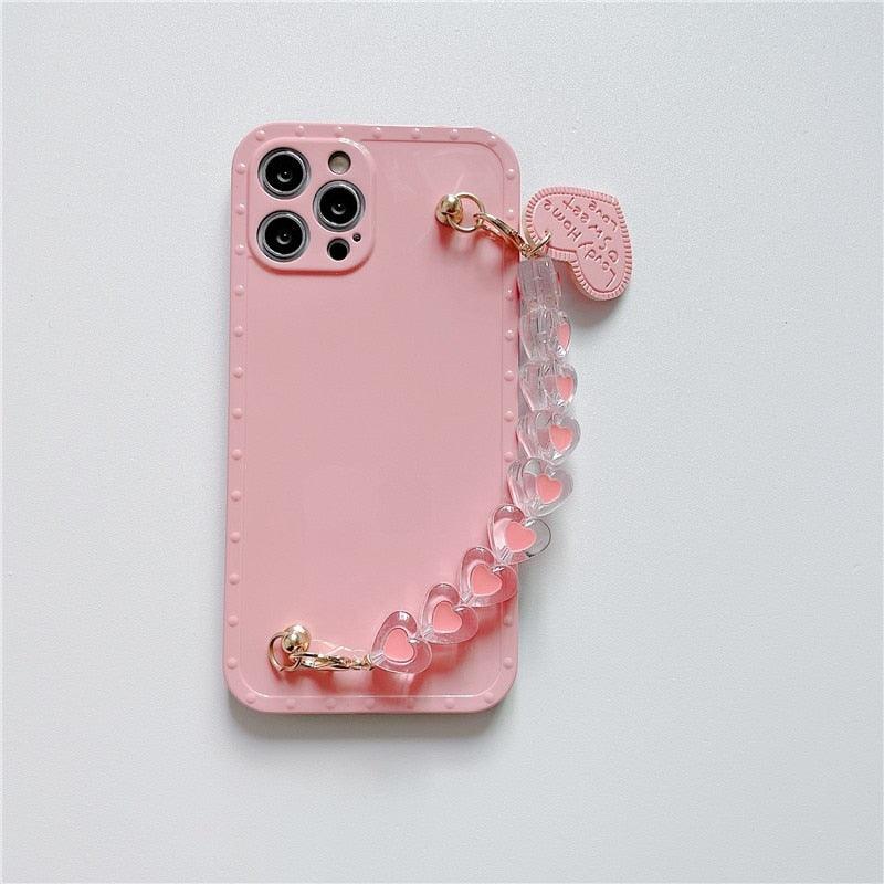 Cute Heart Chain Cute Case Luxury 3D Love Heart Wristband Girl Soft Case For iPhone 14 13 11 12 Pro Max 7 8 Plus Xr X Xs Silicone Phone Cover Cute Case Luxury Hearts Case Camera Cover Protective Soft Slim Girly Case Designed for iPhone