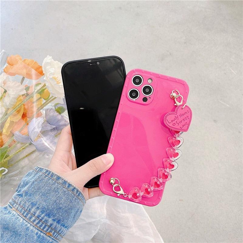 Cute Heart Chain Cute Case Luxury 3D Love Heart Wristband Girl Soft Case For iPhone 14 13 11 12 Pro Max 7 8 Plus Xr X Xs Silicone Phone Cover Cute Case Luxury Hearts Case Camera Cover Protective Soft Slim Girly Case Designed for iPhone