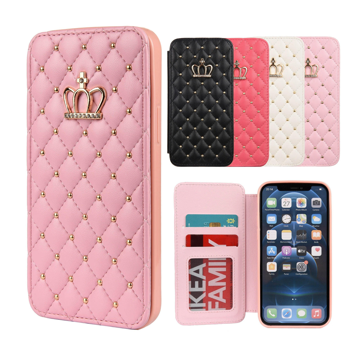 Cute Pink Wallet Flip Leather Phone Case For iPhone 14 13 12 Pro Max 11 Xr Xs X Cute Crown Cover For 7 8 Plus Card Shock Absorption Card Pocket Pocket Full Protection Horizontal Stand Function Leather Phone Case