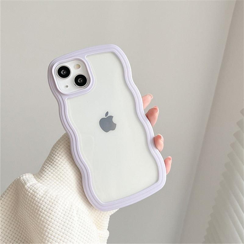 Cute Transparent Curly Wave Phone Case For iPhone 14Pro 13 12 11 Pro Max X XR XS Max Candy Color Shockproof Clear Hard Cover Shockproof Popular Wavy Stylish Phone Case