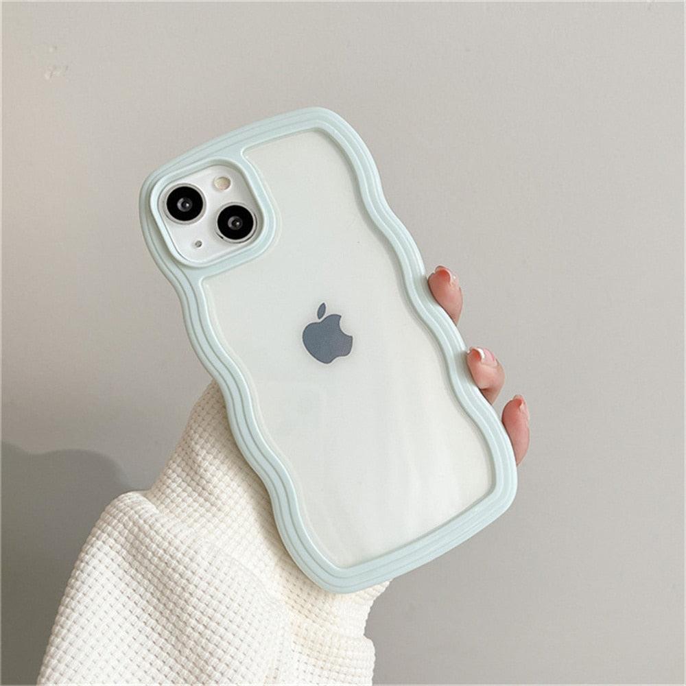Cute Transparent Curly Wave Phone Case For iPhone 14Pro 13 12 11 Pro Max X XR XS Max Candy Color Shockproof Clear Hard Cover Shockproof Popular Wavy Stylish Phone Case