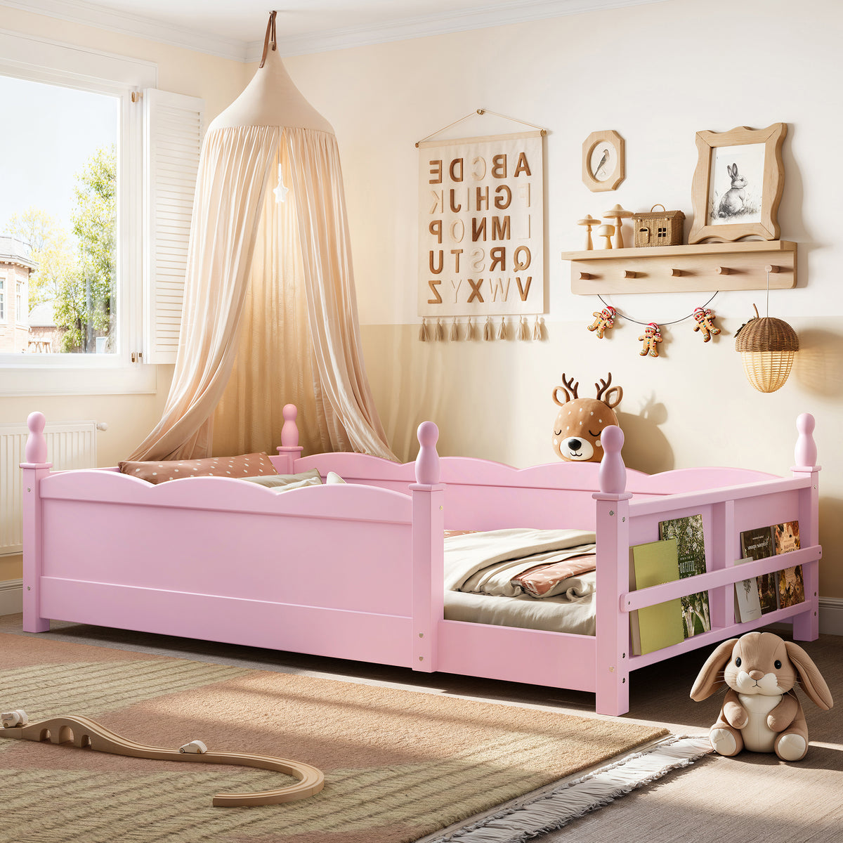 Twin Floor Bed with Full-Length Guardrails, Kids Montessori Floor Bed With Beside Book Shelf, Pink