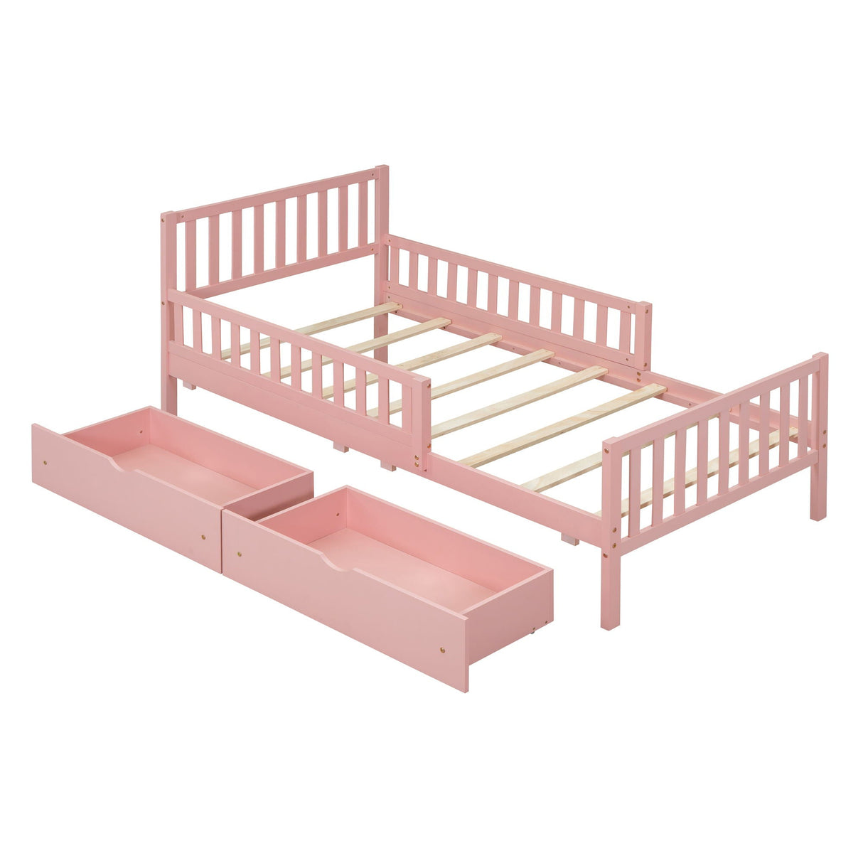 Pink platform bed featuring guardrails on both sides, a slatted base, and two matching storage drawers. Simple and functional with slatted headboards and footboards.