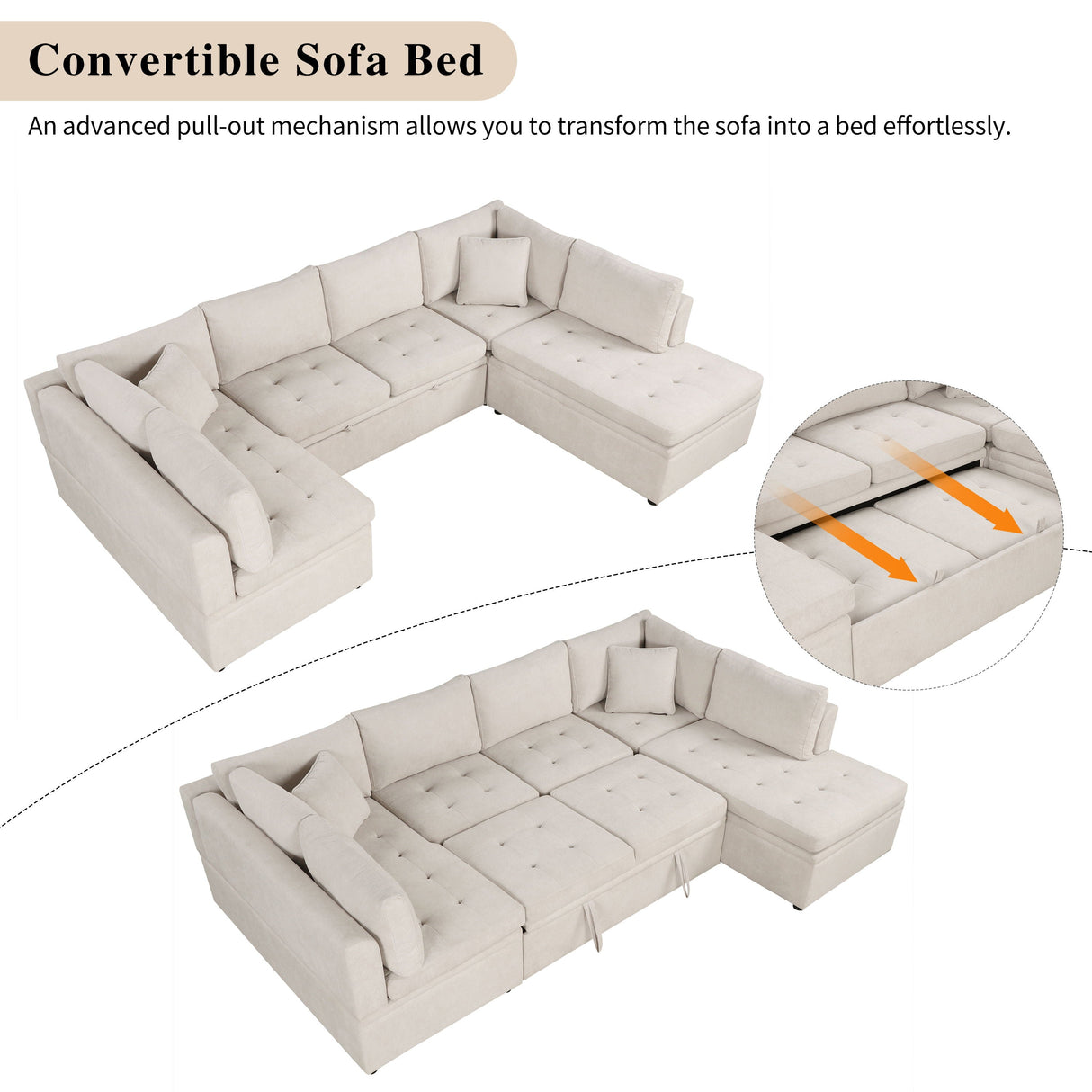 Oversized Sectional Sofa U-Shaped Sofa Couch Pull-Out Sofa Bed With Two Throw Pillows For Living Room by Couch.com