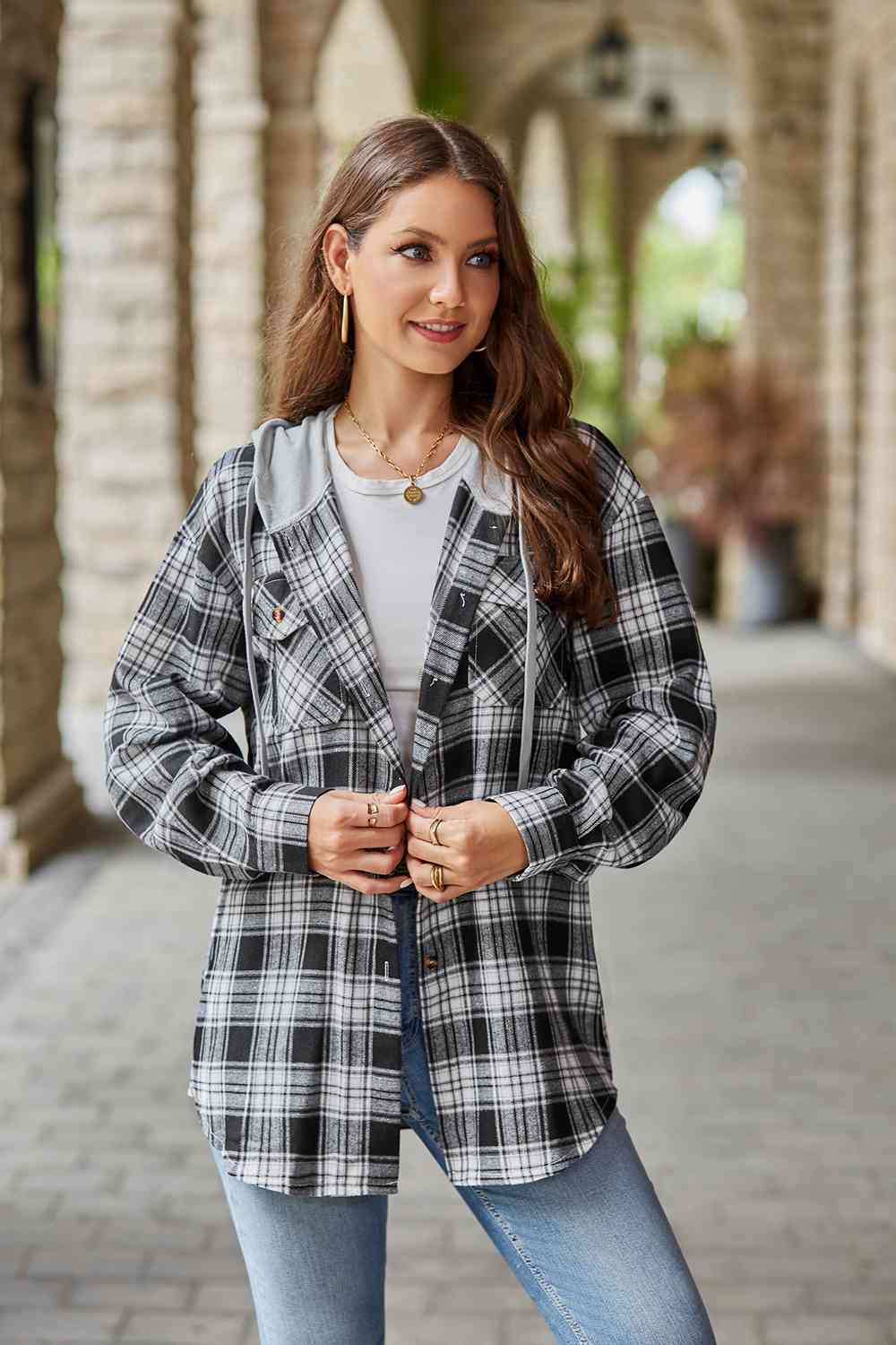 Modern Women Plaid Long Sleeve Hooded Jacket Stylish & Comfortable Outerwear For Winter And Autumn