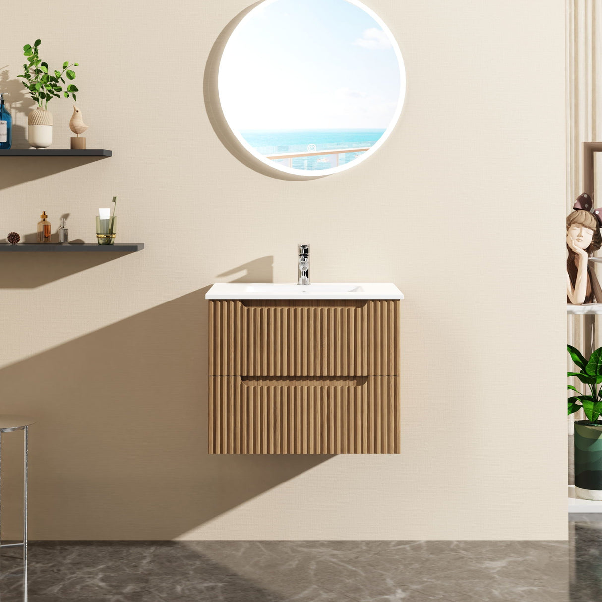 24" Wall Mount Bathroom Vanity Cabinet With - White Basin Sink Combo Floating - Walnut by Couch.com