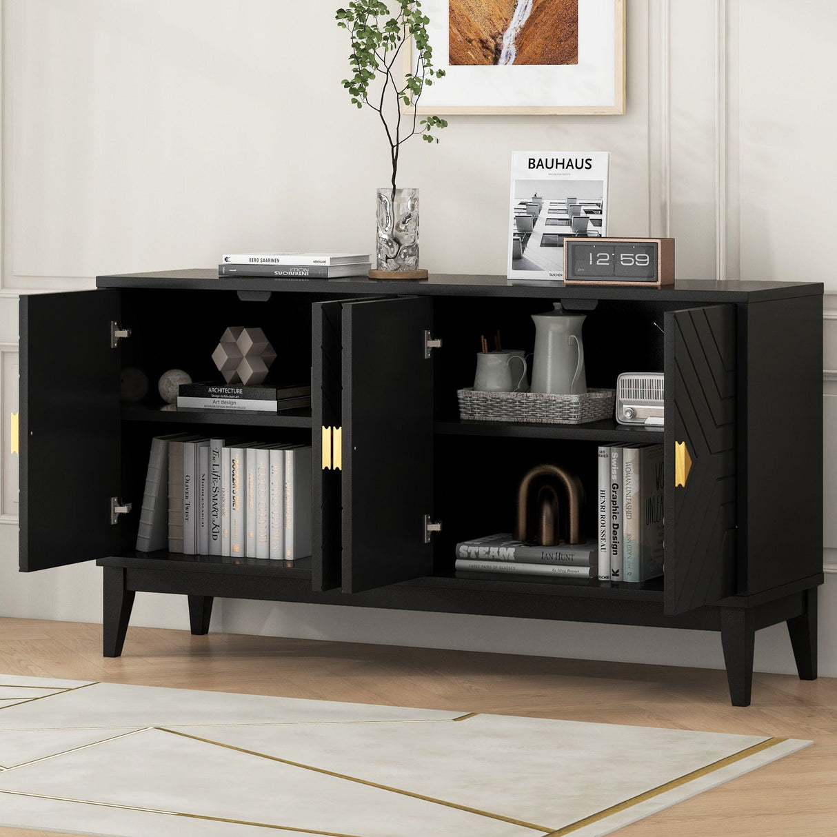 4 Door Sideboard Storage Cabinet For Living Room And Dining Room, 2 Large Cabinets With Gold Handles And Adjustable Shelf - Black by Couch.com