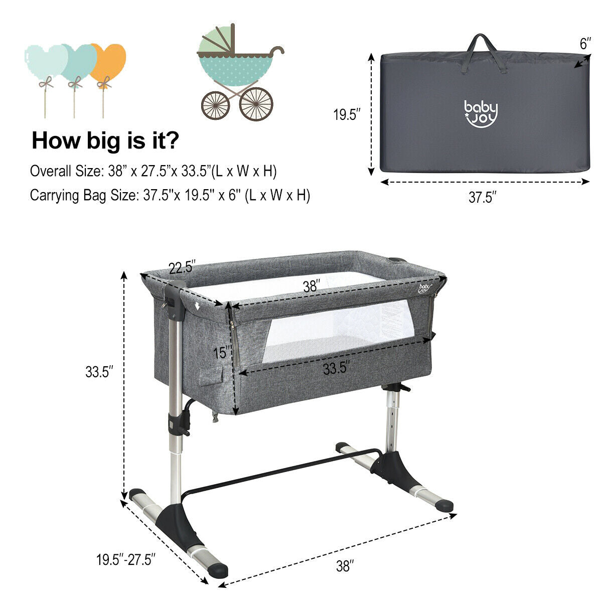 Travel Portable Baby Bed Side Sleeper Bassinet Crib with Carrying Bag-Gray