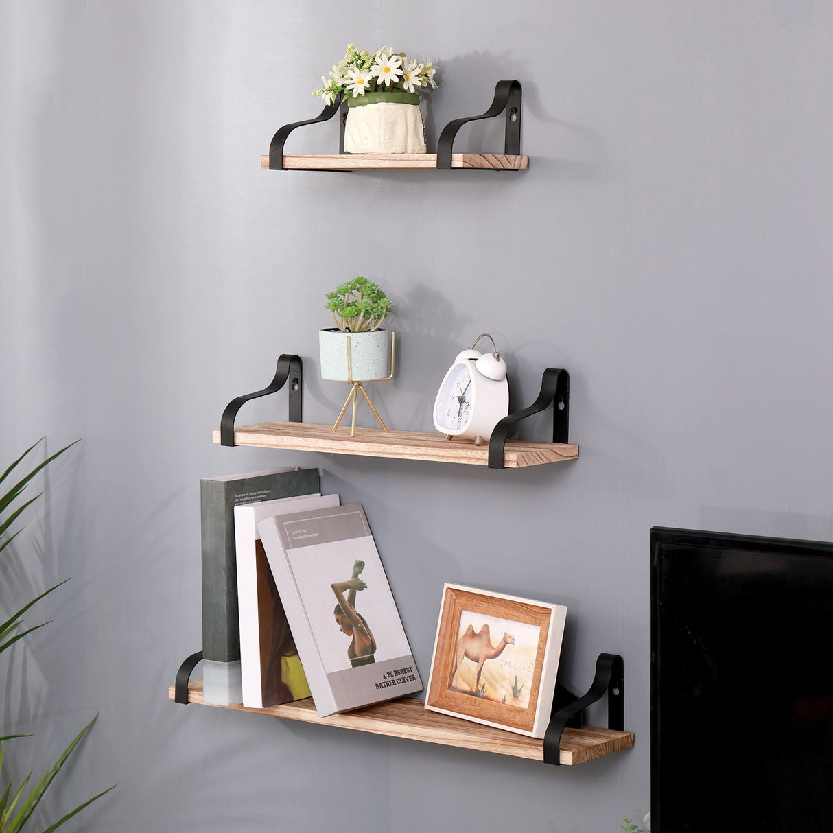 Couch.com Floating Shelves, Long Wall Shelves (Set of 3), Wall Mounted Shelves & Brackets For Bedroom Natural Wood, Set of 2, Metal Construction, Light Brown Finish by Couch.com