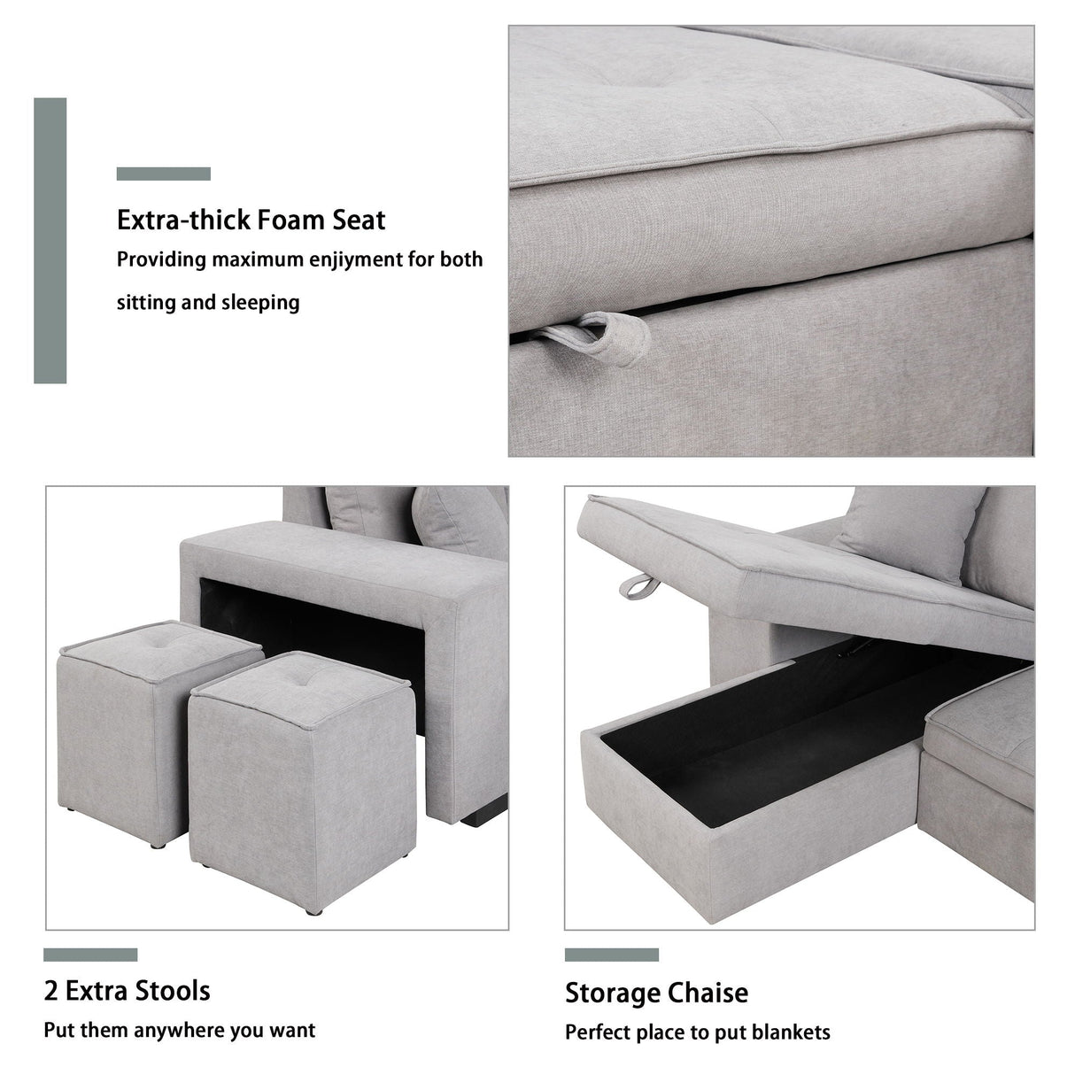 Pull Out Sleeper Sofa Reversible L-Shape 3 Seat Sectional Couch With Storage Chaise And 2 Stools For Living Room Furniture Set - Gray by Couch.com
