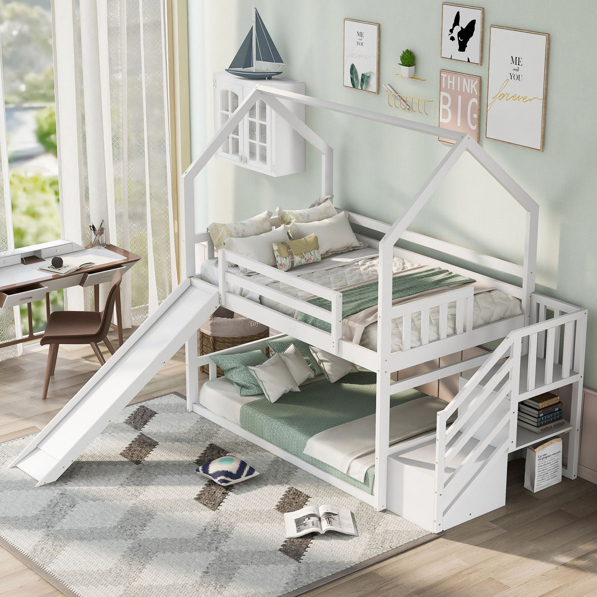 Twin Over Twin House Bunk Bed With Convertible Slide, Storage Staircase by Couch.com