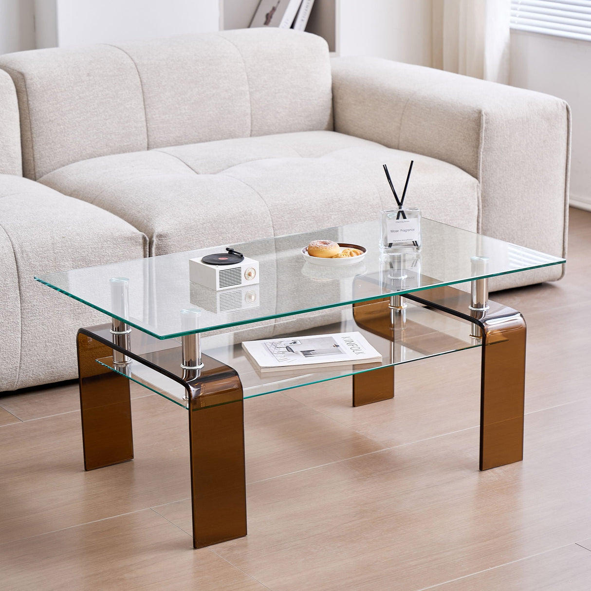 Modern Tempered Glass Coffee Table With 2 Tier Storage For Living Room by Couch.com