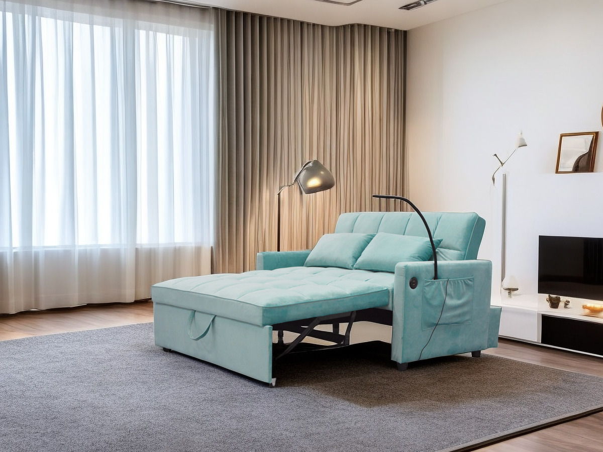 3 In 1 Convertible Sleeper Sofa Bed, Modern Velvet Fabric Futon Sofa Couch Pullout Bed, Adjustable Backrest With Three USB Ports, Two Side Pockets, Two Cup Holders And Swivel Phone Holder by Couch.com