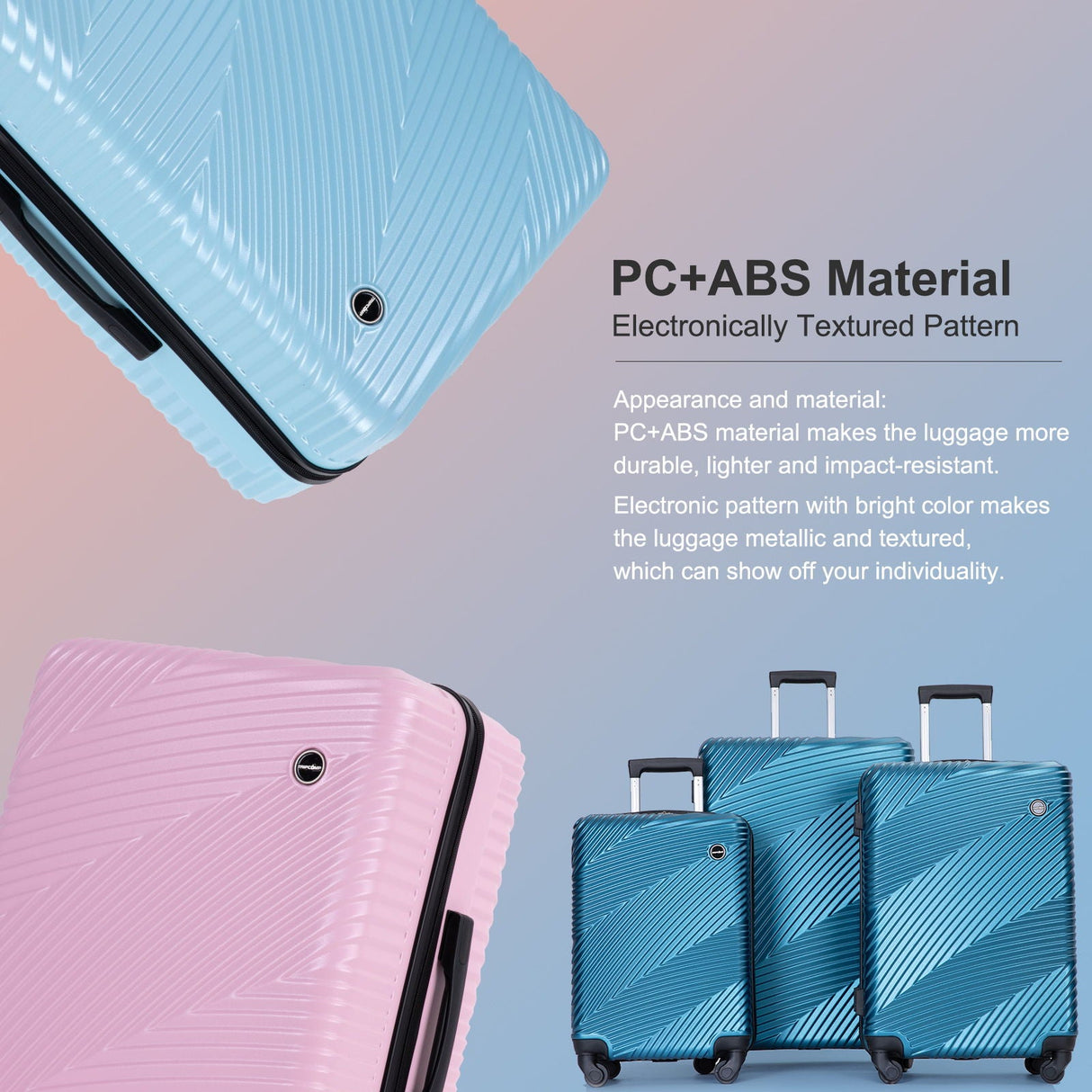 The image showcases the 3 Piece Luggage Sets, featuring pink and blue lightweight suitcases with spinner wheels. They highlight their PC+ABS material's electronically textured pattern, durability, and impact resistance against a gradient backdrop.