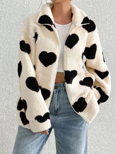 Cute Heart Zip Up Drop Shoulder Furry Jacket Cozy & Trendy Cold-Weather Essential Warm Soft Winter Jacket For Your Girl