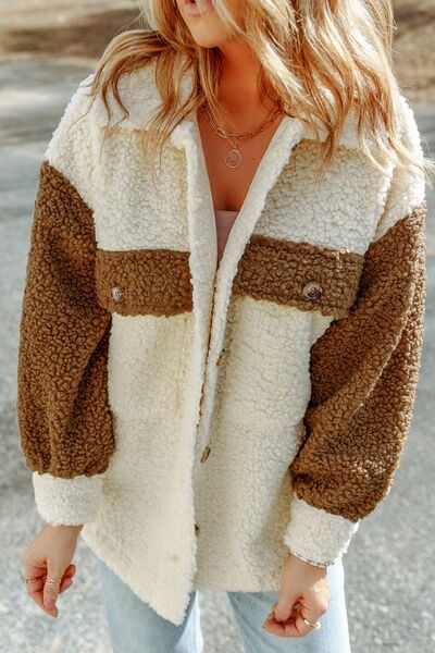 Women Cute Sherpa Jacket with Button Closure and Collared Neck in Elegant Retro Style