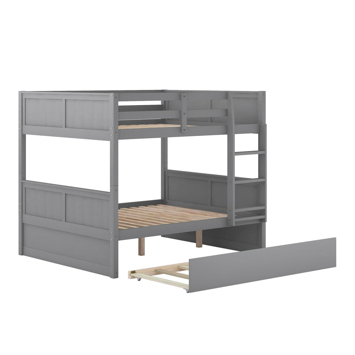 The Bunk Bed With Twin Size Trundle features a gray wooden frame with a twin over full design, a built-in ladder on one side, and an extra trundle bed. Its minimalist and modern style is perfect for any room.
