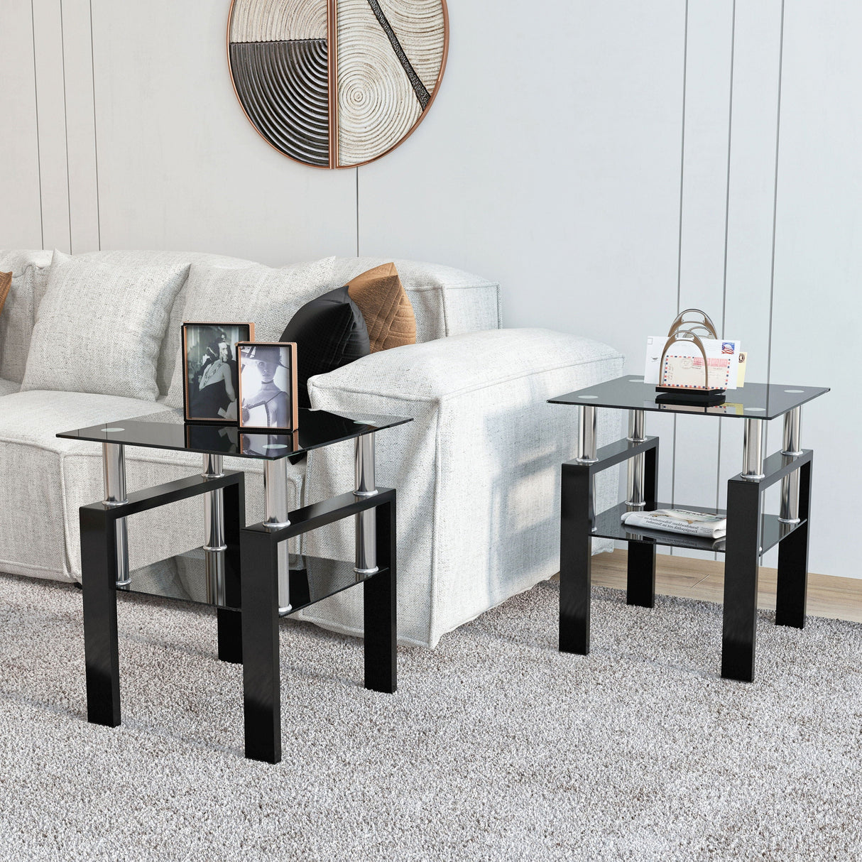 Modern Tempered Glass Tea Table, End Square Table For Living Room (Set of 2) - Black by Couch.com